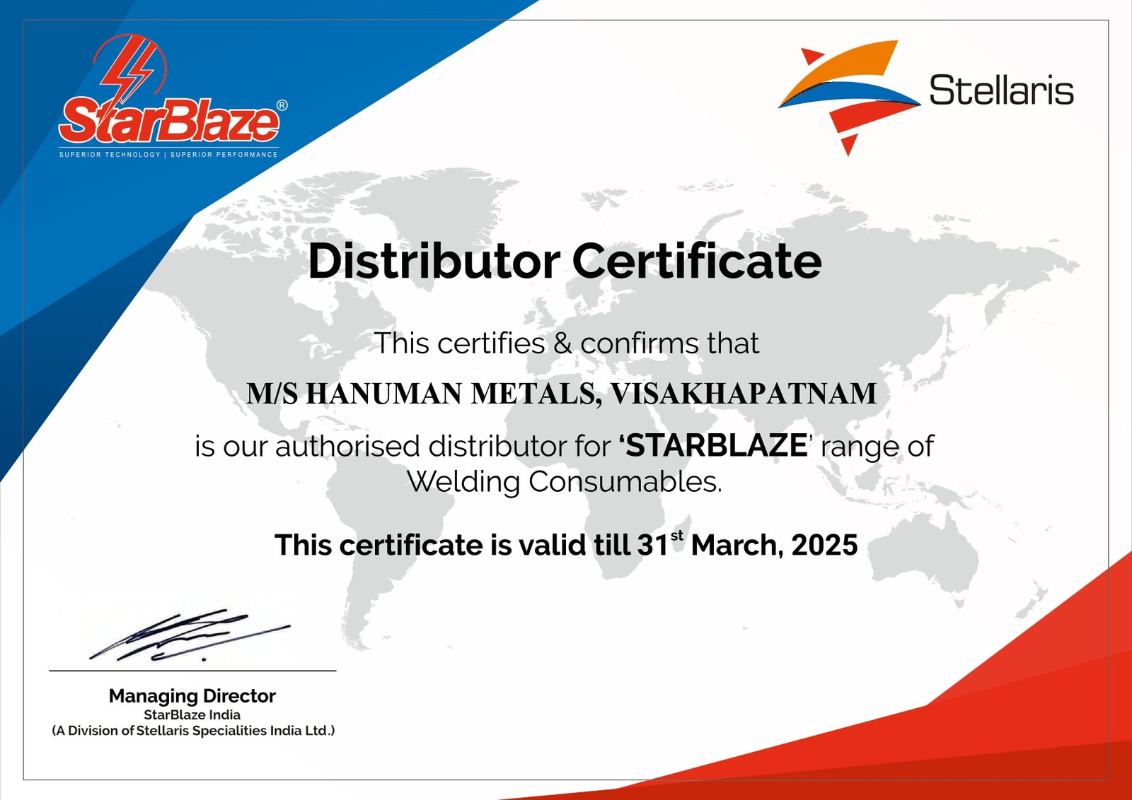 Hanuman Metals Distributor Certificate